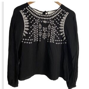 Forever‎ 21 Women's Small Black White Blouse Embroidered Tie Back Boho Festival